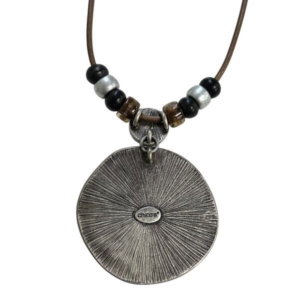 Chico’s Brown Multi Animal Print Enameled Pendant Beaded Cord Necklace - Picture 5 of 5